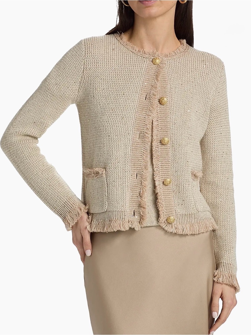 Kobi Halperin Kayleigh Metalic Fringed Knit Sweater Cardigan Beige size S